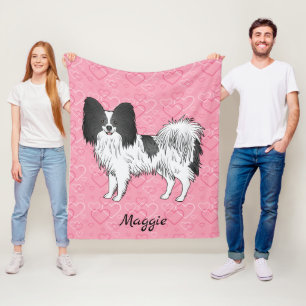 Zwart-witte Papillon, Cute Hond Op Roze Harten Fleece Deken