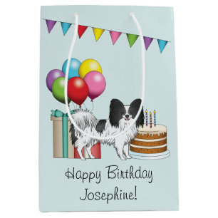 Zwart-Witte Papillon Hond Kleurrijke Verjaardag Medium Cadeauzakje