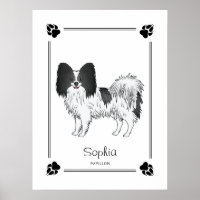 Zwart-witte Papillon-hond met poten en tekst