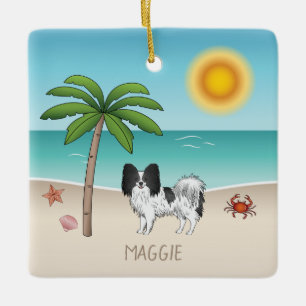 Zwart-Witte Papillon Hond Tropisch Zomerstrand Keramisch Ornament