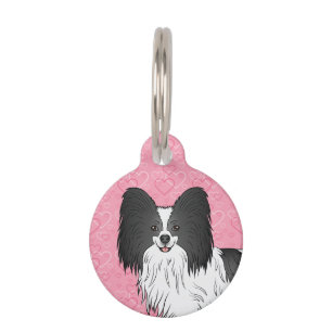 Zwart-Witte Papillon Hond van Voren op Roze Harten Huisdierpenning