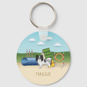 Zwart-Witte Papillon Met Agility-Apparatuur Sleutelhanger