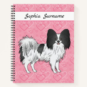 Zwart-Witte Papillon Mopshond Op Roze Harten Notitieboek