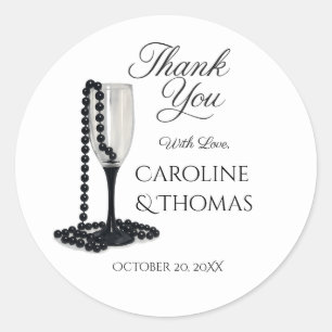 Zwart & Witte Parel Champagneglas Bruiloft Ronde Sticker