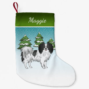 Zwart-Witte Phalène Happy Dog Winter Forest Kleine Kerstsok