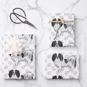 Zwart-Witte Phalène Honden Met Grijs Pootpatroon Inpakpapier Vel