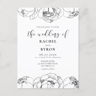 Zwart-witte pioenen elegante bruiloft uitnodiging