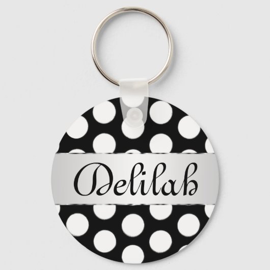 Zwart-witte pokadots naam monogram sleutelhanger (Voorkant)