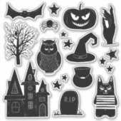 Zwart-witte pompoen, heks, uil. Halloween Sticker (Voorkant)