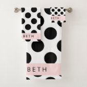 Zwart-witte pooldots, gedopt, Jouw naam Bad Handdoek (Insitu)