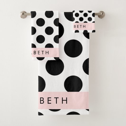 Zwart-witte pooldots, gedopt, Jouw naam Bad Handdoek (Insitu)