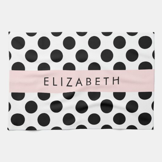 Zwart-witte pooldots, gedopt, Jouw naam Theedoek (Horizontaal)
