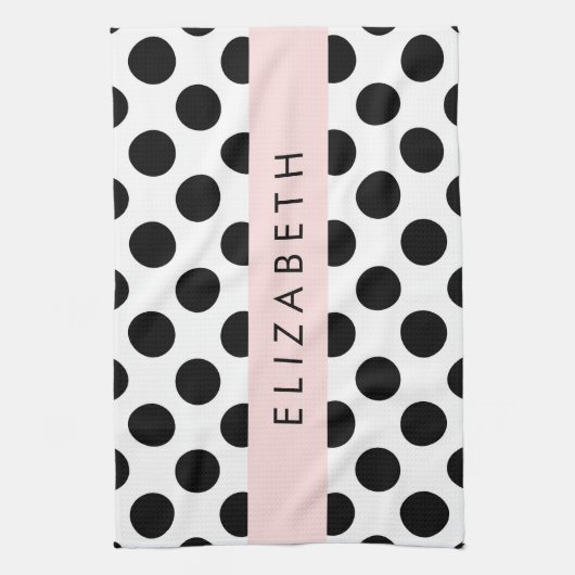 Zwart-witte pooldots, gedopt, Jouw naam Theedoek (Verticaal)