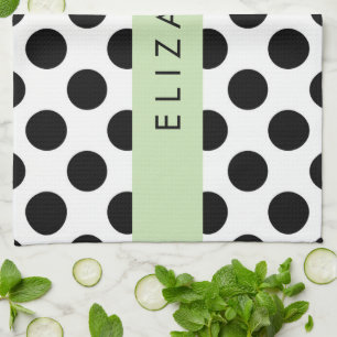 Zwart-witte pooldots, gedopt, Jouw naam Theedoek