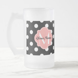 Zwart-witte pooldots met roze monogram matglas bierpul