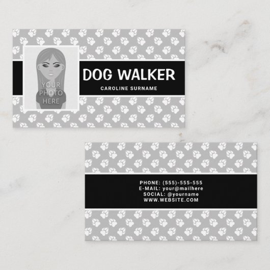 Zwart-witte poten en fotosjabloon - Dog Walker Visitekaartje (Voorkant / Achterkant)