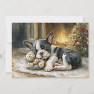 Zwart Witte Puppy Hond Slapend Kerstmis Feestdagenkaart