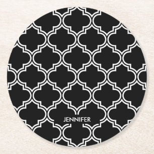 Zwart-witte quatrefolie ronde kartonnen onderzetter