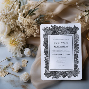 Zwart-witte roses Gothic Wedding Kaart