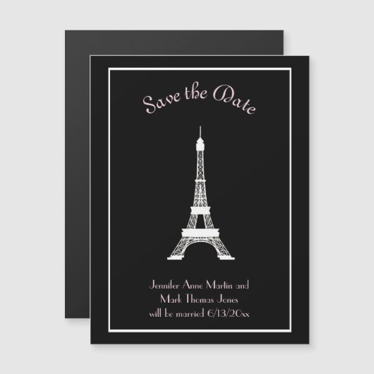 Zwart-witte roze Franse eiffeltoren sparen de datu Magnetische Uitnodiging (Voorkant / Achterkant)