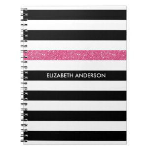 Zwart Witte Roze Glitter Streep Naam Notitieboek