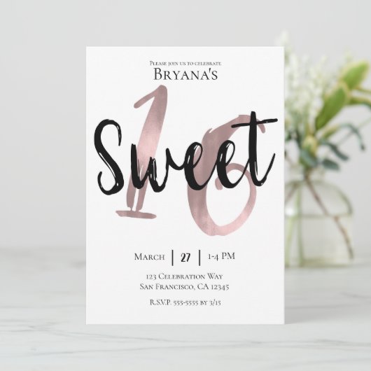 Zwart Witte Roze Gouden Zoete 16 Verjaardagsfeestj Kaart (Staand voorkant)