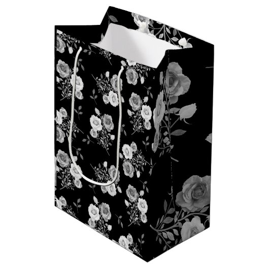 Zwart & witte rozen bruiloft geschenk tas medium cadeauzakje (Voorkant Gekanteld)