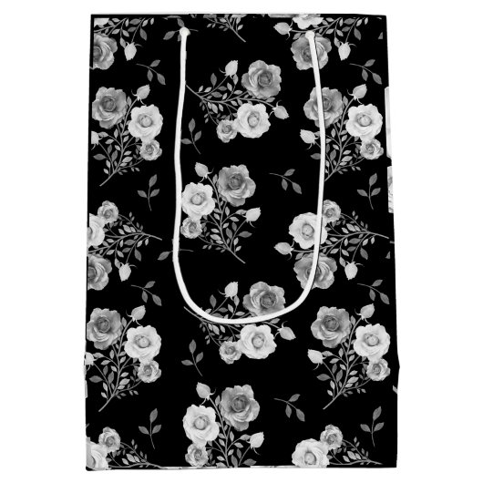 Zwart & witte rozen bruiloft geschenk tas medium cadeauzakje (Achterkant)