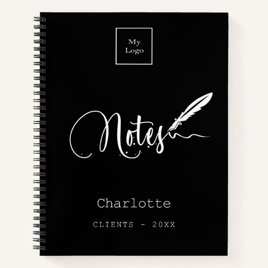 Zwart witte script pen elegante zakelijke logo notitieboek (Voorkant)