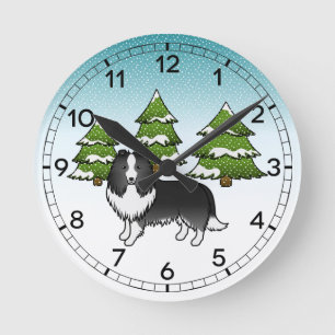 Zwart-witte Shetlandse herdershond in een winterbo Ronde Klok