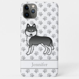 Zwart-witte Siberische Husky Cartoonhond & Naam iPhone 11 Pro Max Hoesje