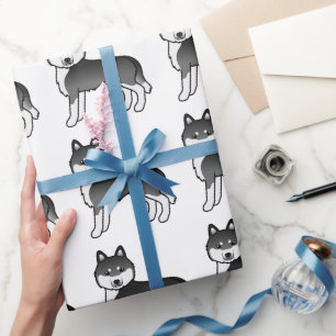 Zwart-witte Siberische Husky Mopshond Patroon Cadeaupapier