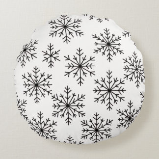 Zwart-witte sneeuwvlok-kussen – Minimalistisch Rond Kussen