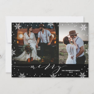 Zwart & Witte Sneeuwvlokken Prettig 2 Foto's Kerst Kaart
