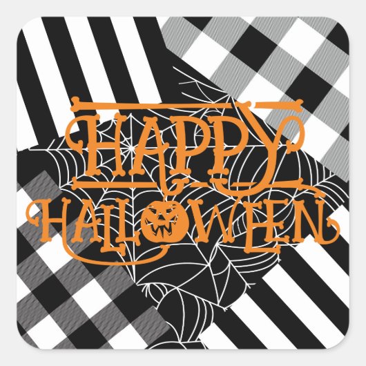 Zwart & Witte Spinnenweb Patchwork Halloween Feest Vierkante Sticker (Voorkant)