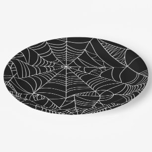 Zwart & Witte Spinnenwebben Halloween Feest Papieren Bordje