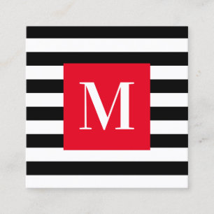 Zwart-witte streep helder rood monogram vierkante visitekaartje