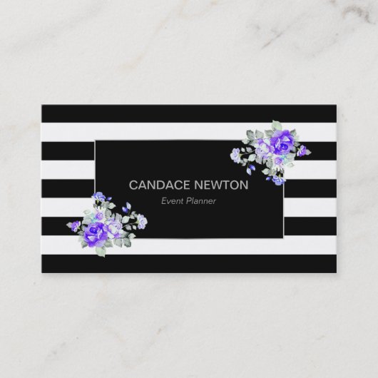 Zwart-witte streep met zilveren en lavendel Rozen Visitekaartje (Voorkant)