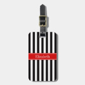 Zwart Witte Streep Rode Lint Naam Monogram Bagagelabel (Voorkant verticaal)