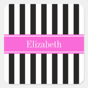 Zwart Witte Streep Roze Lint Naam Initiaal Vierkante Sticker