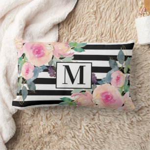 Zwart Witte Streep Roze Waterverf Bloem Motief Mon Kussen