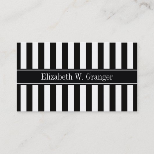 Zwart Witte Streep Zwart Naam Monogram Visitekaartje (Voorkant)