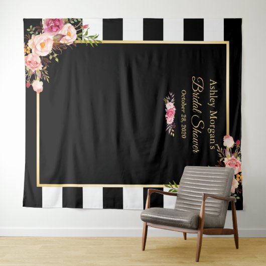 Zwart Witte Strepen Bloem Bruiloft Feest Achtergro Wandkleed (In Situ (horizontaal))
