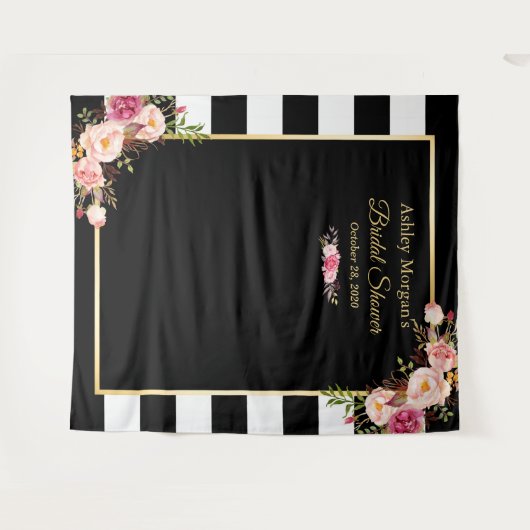 Zwart Witte Strepen Bloem Bruiloft Feest Achtergro Wandkleed (Voorkant (horizontaal))