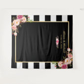 Zwart Witte Strepen Blush Bloem Bruiloft Achtergro Wandkleed (Voorkant (horizontaal))