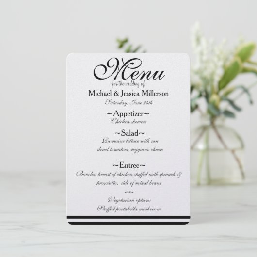 Zwart-witte strepen Bruiloft Menu (Staand voorkant)