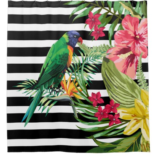 Zwart-witte strepen en bloemen en papegaai douchegordijn (Voorkant)