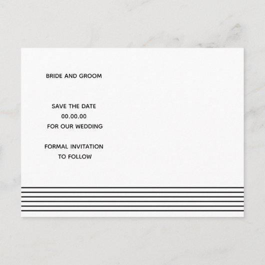 Zwart witte strepen en initialen Save The Date Briefkaart (Achterkant)