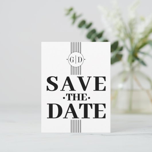 Zwart witte strepen en initialen Save The Date Briefkaart (Staand voorkant)
