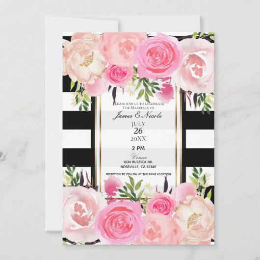 Zwart Witte Strepen Goud Roze Bloemige Bruiloft Kaart (Voorkant)
